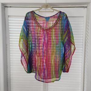 Aqua Blue Dolman Sleeve Top | Ballet Neck Bold Print | Pre-Owned
